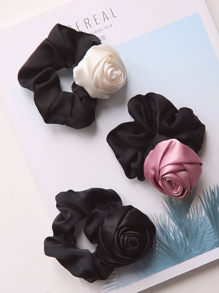 [3colors] 블랙 스크러치 헤어슈슈 장미꽃 플레인 로즈 곱창끈